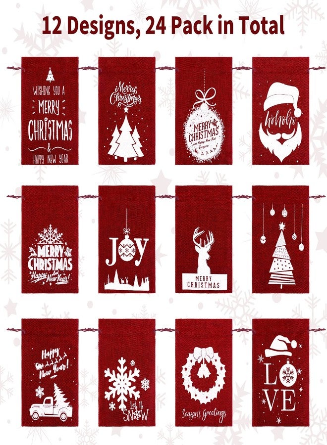Mimind 24 Pack Christmas Linen Bags with Drawstrings - 7 x 5 Inch Burlap Gift Bags for Party Favor, 12 Designs, Wine Red - Image 2
